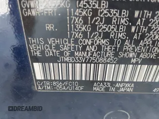 2007 Toyota RAV4 with VIN JTMBD33V775088452, listed as a IAAI auction lot 42036282 with 1 mi miles. Bid and sale history available at carsss.com. Image 9.