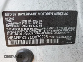 2012 BMW 5 Series 550i with VIN WBAFR9C57CDX79225, listed as a Copart auction lot 84459564 with Not Provided miles and Salvage Title. Bid and sale history available at carsss.com. Image 12.