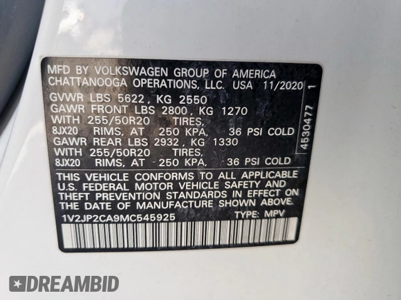 2021 Volkswagen Atlas SE z VIN 1V2JP2CA9MC545925, wystawiony jako Copart lot #57132215 z przebiegiem 108 288 mil mil oraz Czysty tytuł • Clean title. Historia ofert i sprzedaży dostępna na DreamBid. Obrazek 14.