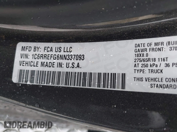 2022 Ram 1500 Big Horn with VIN 1C6RREFG6NN337093, listed as a IAAI auction lot 41619033 with 58,264 mi miles and . Bid and sale history available at DreamBid. Image 9.