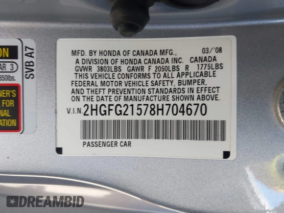 2008 Honda Civic Cpe Si with VIN 2HGFG21578H704670, listed as a IAAI auction lot 41858703 with 152,193 mi miles. Bid and sale history available at carsss.com. Image 9.