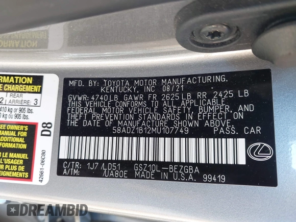 2021 Lexus ES with VIN 58ADZ1B12MU107749, listed as a IAAI auction lot 41543415 with 48,134 mi miles. Bid and sale history available at carsss.com. Image 9.
