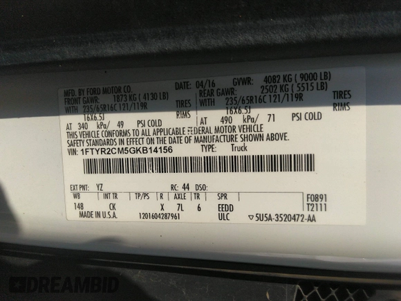2016 Ford Transit Cargo with VIN 1FTYR2CM5GKB14156, listed as a IAAI auction lot 37079677 with 172,993 mi miles and . Bid and sale history available at DreamBid. Image 9.