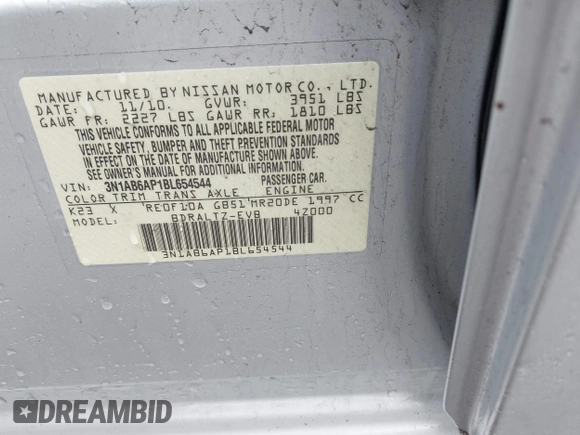 2011 Nissan Sentra SR with VIN 3N1AB6AP1BL654544, listed as a IAAI auction lot 41956381 with 127,715 mi miles and . Bid and sale history available at DreamBid. Image 9.