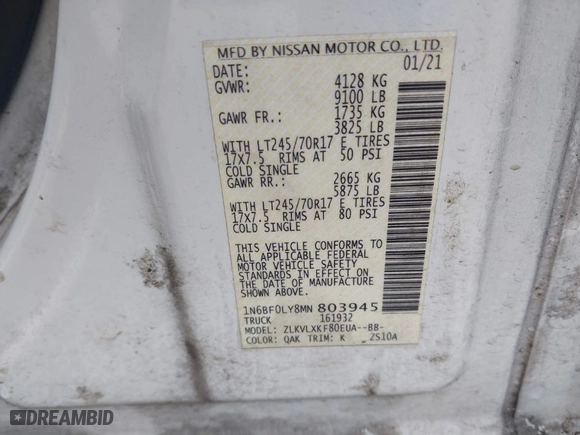 2021 Nissan NV Cargo SV with VIN 1N6BF0LY8MN803945, listed as a IAAI auction lot 41459255 with 70,324 mi miles. Bid and sale history available at carsss.com. Image 9.