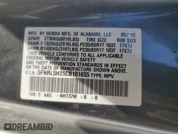 2012 Honda Odyssey LX with VIN 5FNRL5H25CB101655, listed as a Copart auction lot 54958305 with 271,811 mi miles and Clean Title. Bid and sale history available at carsss.com. Image 13.
