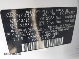 2018 Hyundai Elantra with VIN KMHH35LE7JU063696, listed as a IAAI auction lot 41839554 with 115,835 mi miles and . Bid and sale history available at DreamBid. Image 9.