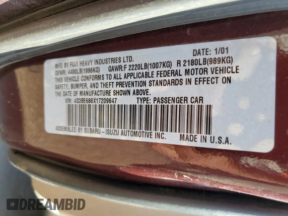 2001 Subaru Legacy Outback Limited with VIN 4S3BE686X17209647, listed as a Copart auction lot 78462664 with 204,238 mi miles and Clean title. Bid and sale history available at DreamBid. Image 12.