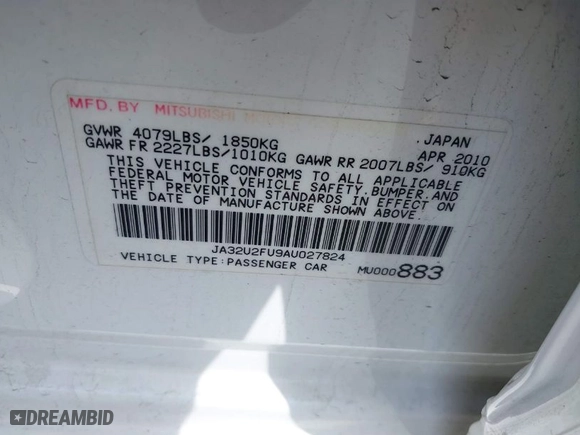 2010 Mitsubishi Lancer ES with VIN JA32U2FU9AU027824, listed as a IAAI auction lot 41992311 with 239,422 mi miles. Bid and sale history available at carsss.com. Image 9.
