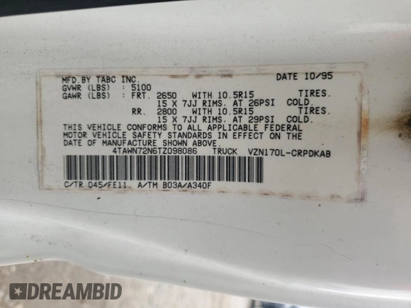 1996 Toyota Tacoma with VIN 4TAWN72N6TZ098086, listed as a Copart auction lot 64566685 with 379,805 mi miles and Salvage title. Bid and sale history available at DreamBid. Image 12.