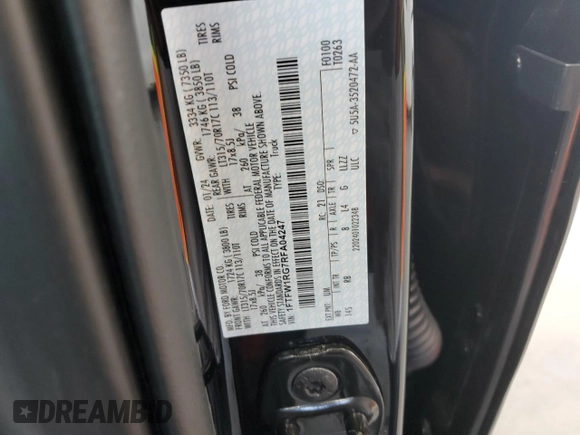2024 Ford F-150 Raptor with VIN 1FTFW1RG7RFA04247, listed as a Copart auction lot 69034844 with 2,058 mi miles and Salvage Title. Bid and sale history available at DreamBid. Image 12.