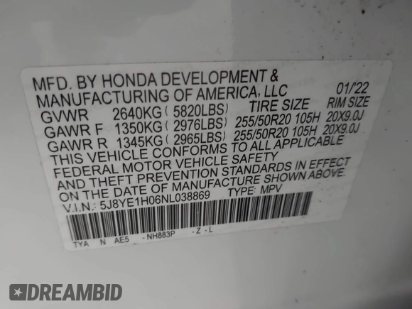 2022 Acura MDX w/A-Spec Package with VIN 5J8YE1H06NL038869, listed as a IAAI auction lot 42204706 with 20,206 mi miles and . Bid and sale history available at DreamBid. Image 9.