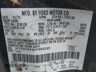 2012 Ford F-150 XL with VIN 1FTFW1EF9CFB92323, listed as a IAAI auction lot 42312910 with Not provided miles and . Bid and sale history available at DreamBid. Image 9.
