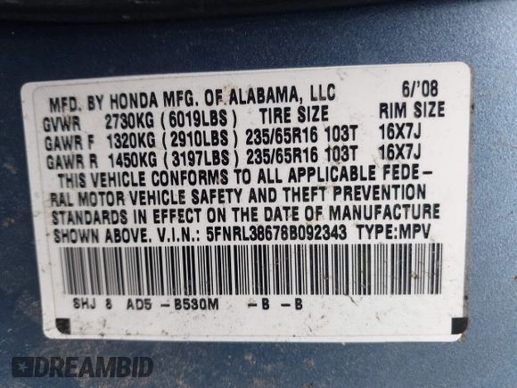 2008 Honda Odyssey EX-L with VIN 5FNRL38678B092343, listed as a IAAI auction lot 40974522 with 209,280 mi miles and . Bid and sale history available at DreamBid. Image 9.