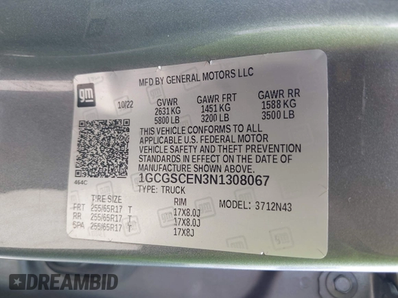 2022 Chevrolet Colorado 2WD LT with VIN 1GCGSCEN3N1308067, listed as a IAAI auction lot 42276385 with 74,665 mi miles and . Bid and sale history available at DreamBid. Image 9.