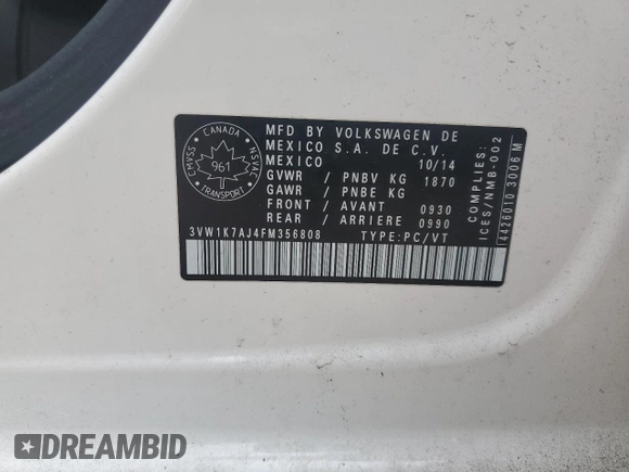 2015 Volkswagen Jetta S with VIN 3VW1K7AJ4FM356808, listed as a Copart auction lot 59184915 with 159,981 mi miles and Clean title. Bid and sale history available at DreamBid. Image 12.