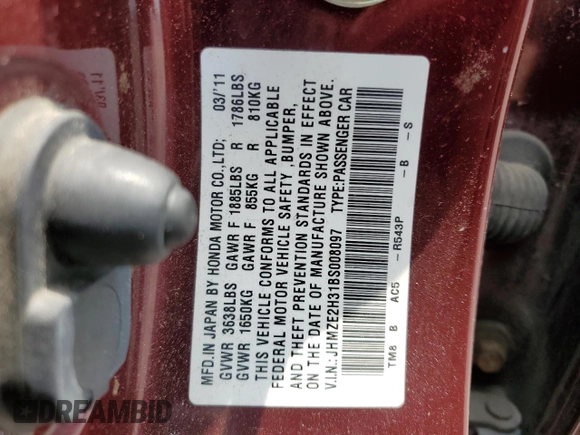 2011 Honda Insight with VIN JHMZE2H31BS008097, listed as a Copart auction lot 60780625 with 111,688 mi miles and Salvage title. Bid and sale history available at DreamBid. Image 12.