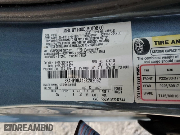 2011 Ford Fusion SE with VIN 3FAHP0HA4BR282082, listed as a Copart auction lot 77603824 with 222,672 mi miles and Salvage Title. Bid and sale history available at DreamBid. Image 13.
