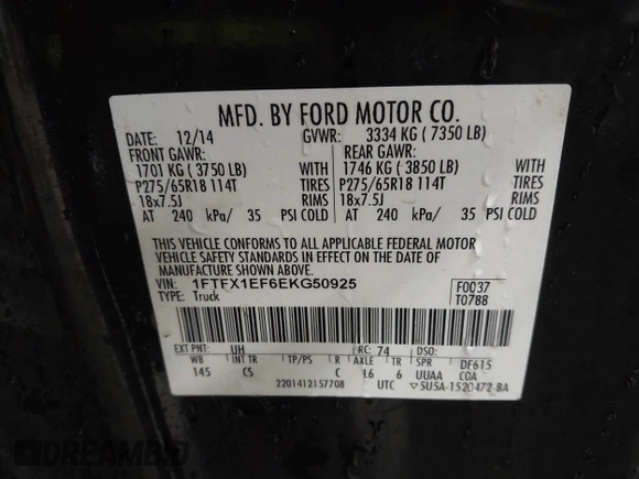2014 Ford F-150 XL with VIN 1FTFX1EF6EKG50925, listed as a IAAI auction lot 41580247 with 84,301 mi miles. Bid and sale history available at carsss.com. Image 9.