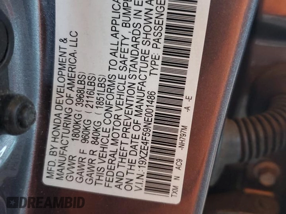 2022 Honda Insight EX with VIN 19XZE4F59NE001486, listed as a Copart auction lot 52212995 with 35,599 mi miles and Salvage Title. Bid and sale history available at DreamBid. Image 12.