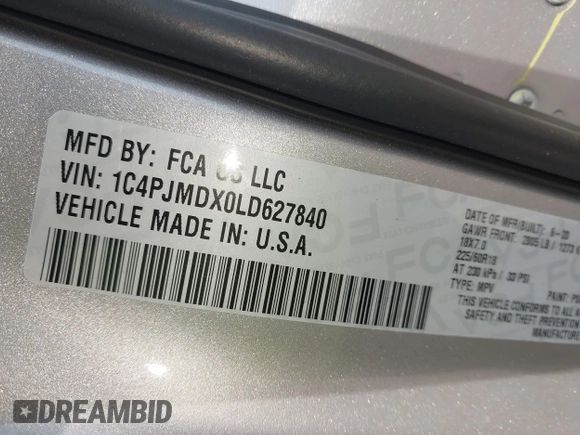 2020 Jeep Cherokee Limited z VIN 1C4PJMDX0LD627840, wystawiony jako IAAI lot #42064116 z przebiegiem 65 092 mil mil oraz . Historia ofert i sprzedaży dostępna na DreamBid. Obrazek 9.