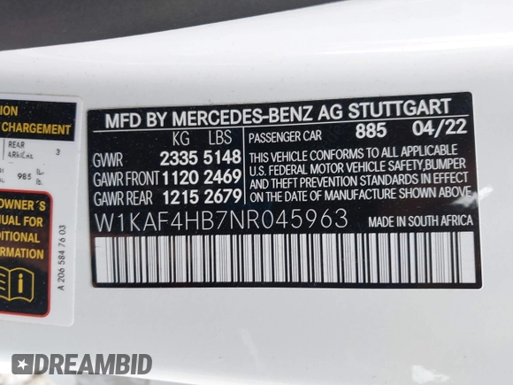 2022 Mercedes-Benz C 300 with VIN W1KAF4HB7NR045963, listed as a IAAI auction lot 41535370 with 16,957 mi miles and . Bid and sale history available at DreamBid. Image 9.