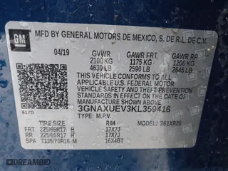 2019 Chevrolet Equinox LT with VIN 3GNAXUEV3KL359416, listed as a IAAI auction lot 41833545 with 59,163 mi miles. Bid and sale history available at carsss.com. Image 9.