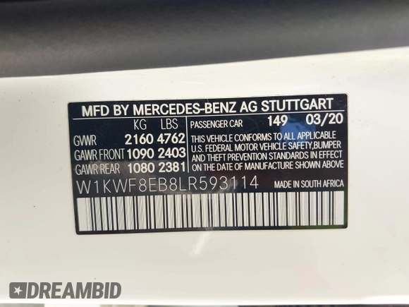 2020 Mercedes-Benz C 300 with VIN W1KWF8EB8LR593114, listed as a IAAI auction lot 40406690 with 83,798 mi miles and . Bid and sale history available at DreamBid. Image 9.
