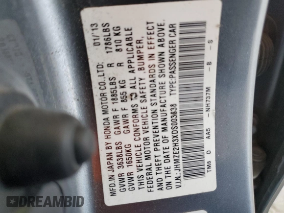 2013 Honda Insight with VIN JHMZE2H3XDS003838, listed as a Copart auction lot 52220235 with 144,729 mi miles and Salvage title. Bid and sale history available at DreamBid. Image 14.