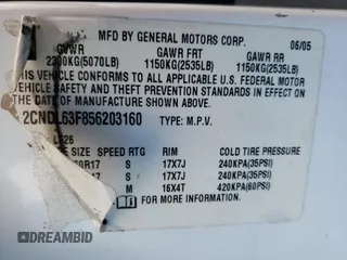 2005 Chevrolet Equinox LT with VIN 2CNDL63F856203160, listed as a Copart auction lot 62711814 with 0 mi miles and Non Repairable. Bid and sale history available at carsss.com. Image 16.