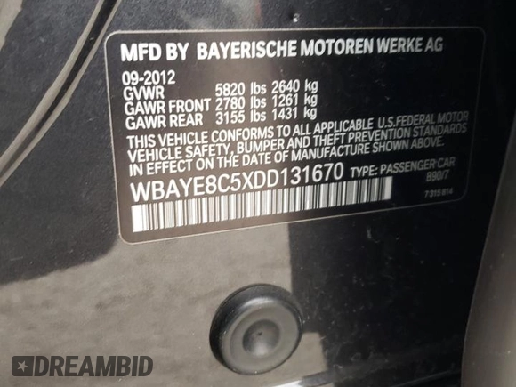 2013 BMW 7 Series 750Li with VIN WBAYE8C5XDD131670, listed as a Copart auction lot 44217435 with 80,122 mi miles and Salvage title. Bid and sale history available at DreamBid. Image 12.