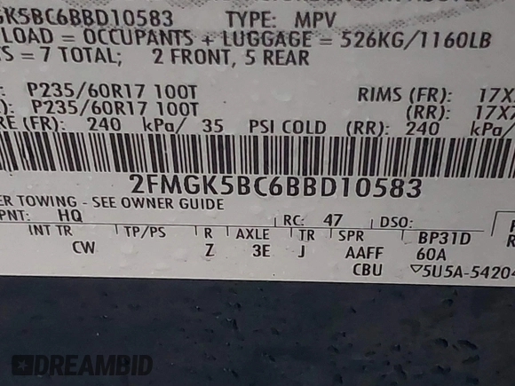 2011 Ford Flex SE with VIN 2FMGK5BC6BBD10583, listed as a IAAI auction lot 41715689 with 168,575 mi miles. Bid and sale history available at carsss.com. Image 9.