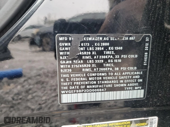 2013 Volkswagen Touareg Lux with VIN WVGEF9BP2DD006847, listed as a Copart auction lot 87613955 with 157,200 mi miles and Salvage Title. Bid and sale history available at DreamBid. Image 13.