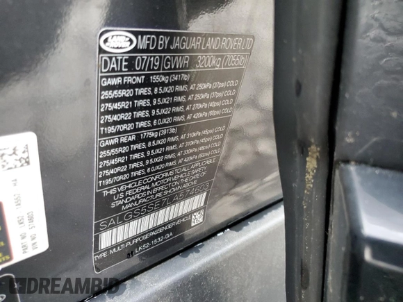 2020 Land Rover Range Rover z VIN SALGS5SE7LA574603, wystawiony jako Copart lot #59981714 z przebiegiem 54 127 mil mil oraz Szkoda całkowita • Salvage title. Historia ofert i sprzedaży dostępna na DreamBid. Obrazek 13.