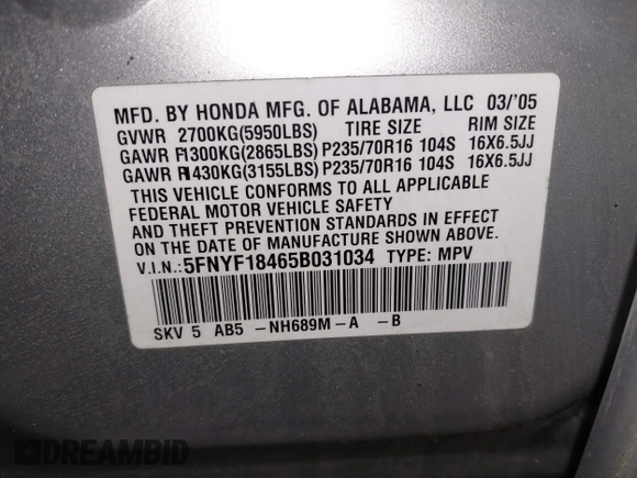2005 Honda Pilot EX with VIN 5FNYF18465B031034, listed as a IAAI auction lot 41925858 with 194,211 mi miles and . Bid and sale history available at DreamBid. Image 9.