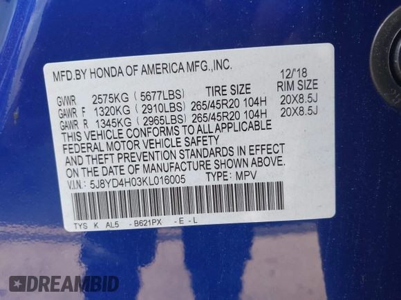 2019 Acura MDX Technology with VIN 5J8YD4H03KL016005, listed as a IAAI auction lot 41913564 with 75,408 mi miles and . Bid and sale history available at DreamBid. Image 9.