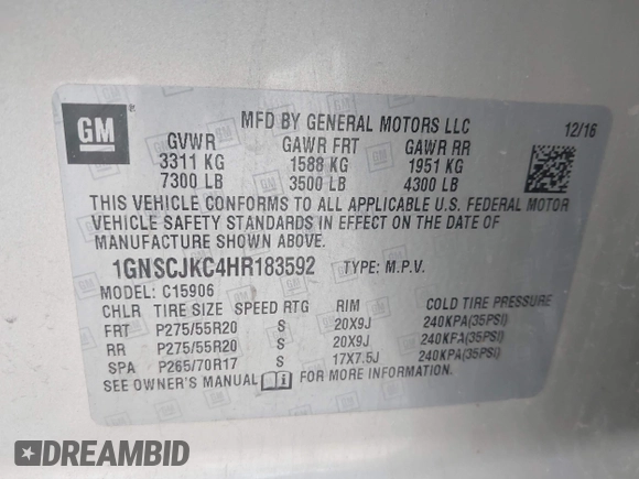 2017 Chevrolet Suburban Premier with VIN 1GNSCJKC4HR183592, listed as a IAAI auction lot 41514348 with 144,460 mi miles and . Bid and sale history available at DreamBid. Image 9.