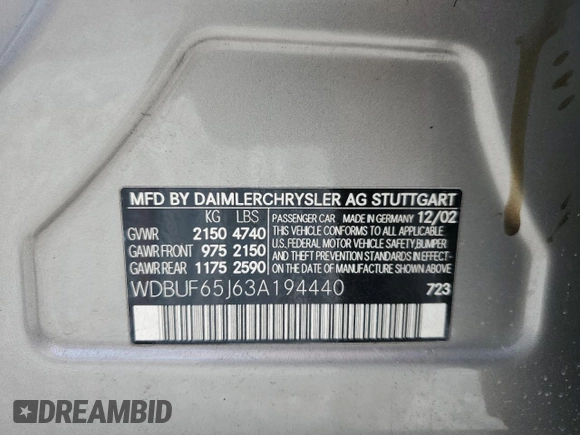 2003 Mercedes-Benz E 320 z VIN WDBUF65J63A194440, wystawiony jako Copart lot #57824905 z przebiegiem Nie podano mil oraz Szkoda całkowita • Salvage title. Historia ofert i sprzedaży dostępna na DreamBid. Obrazek 12.
