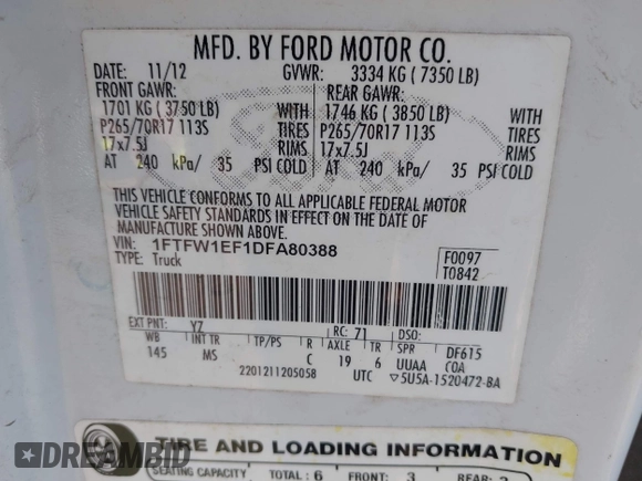 2013 Ford F-150 XL with VIN 1FTFW1EF1DFA80388, listed as a IAAI auction lot 42102637 with 234,706 mi miles. Bid and sale history available at carsss.com. Image 9.