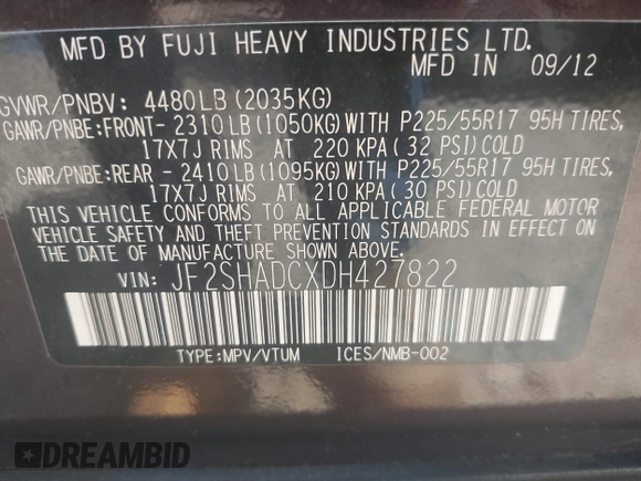 2013 Subaru Forester X Premium with VIN JF2SHADCXDH427822, listed as a IAAI auction lot 42409052 with 125,402 mi miles and . Bid and sale history available at DreamBid. Image 9.