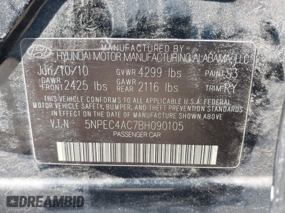2011 Hyundai Sonata Limited with VIN 5NPEC4AC7BH090105, listed as a IAAI auction lot 42121960 with 172,608 mi miles and . Bid and sale history available at DreamBid. Image 9.