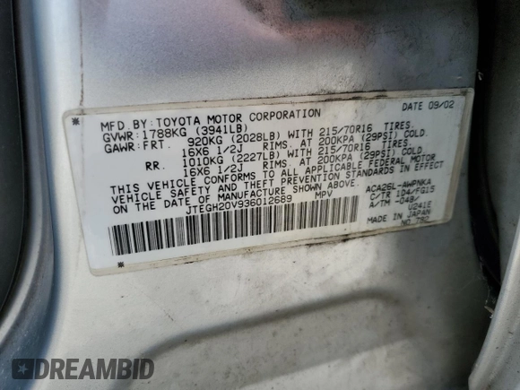 2003 Toyota RAV4 with VIN JTEGH20V936012689, listed as a Copart auction lot 61997965 with 214,693 mi miles and Clean title. Bid and sale history available at DreamBid. Image 12.