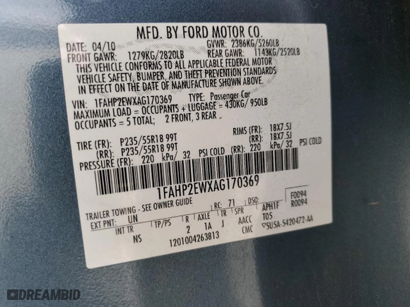 2010 Ford Taurus SEL with VIN 1FAHP2EWXAG170369, listed as a Copart auction lot 47989725 with 149,609 mi miles and Salvage Title. Bid and sale history available at carsss.com. Image 14.