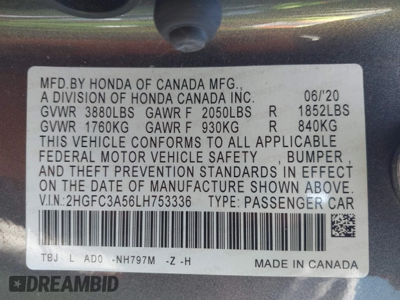 2020 Honda Civic Si Coupe with VIN 2HGFC3A56LH753336, listed as a IAAI auction lot 41748457 with 55,079 mi miles. Bid and sale history available at carsss.com. Image 9.