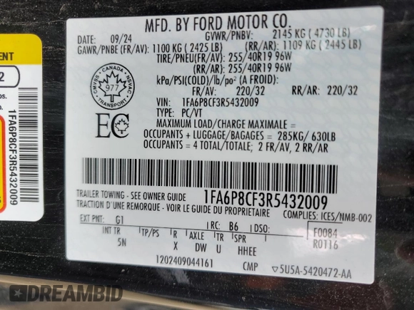 2024 Ford Mustang GT with VIN 1FA6P8CF3R5432009, listed as a Copart auction lot 62908115 with 22,552 mi miles and Salvage title. Bid and sale history available at DreamBid. Image 13.