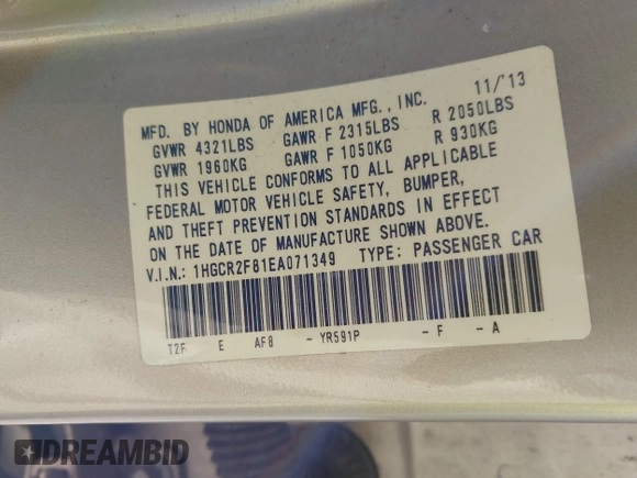 2014 Honda Accord EX-L with VIN 1HGCR2F81EA071349, listed as a IAAI auction lot 41847441 with 36,938 mi miles and . Bid and sale history available at DreamBid. Image 9.