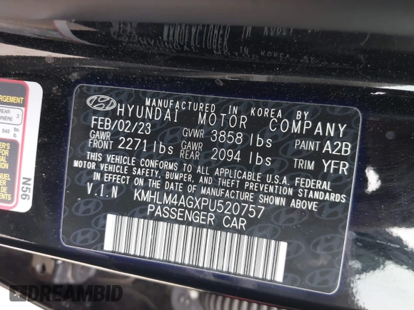 2023 Hyundai Elantra SEL with VIN KMHLM4AGXPU520757, listed as a IAAI auction lot 41892115 with 22,460 mi miles and . Bid and sale history available at DreamBid. Image 9.