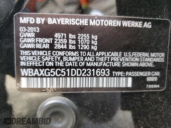 2013 BMW 5 Series 528i with VIN WBAXG5C51DD231693, listed as a Copart auction lot 53683555 with 86,460 mi miles and Salvage Title. Bid and sale history available at carsss.com. Image 13.