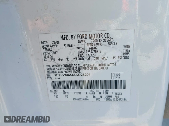 2006 Ford F-150 XLT with VIN 1FTPW04546KD28201, listed as a IAAI auction lot 42542399 with 138,774 mi miles and . Bid and sale history available at DreamBid. Image 9.