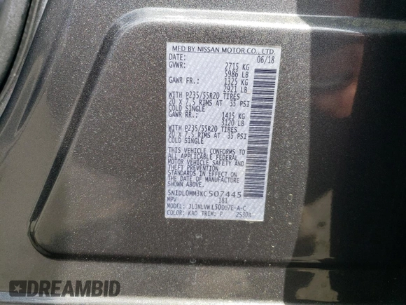 2019 Infiniti QX60 Luxe with VIN 5N1DL0MM3KC507445, listed as a Copart auction lot 55137195 with 205,602 mi miles and Salvage Title. Bid and sale history available at DreamBid. Image 13.